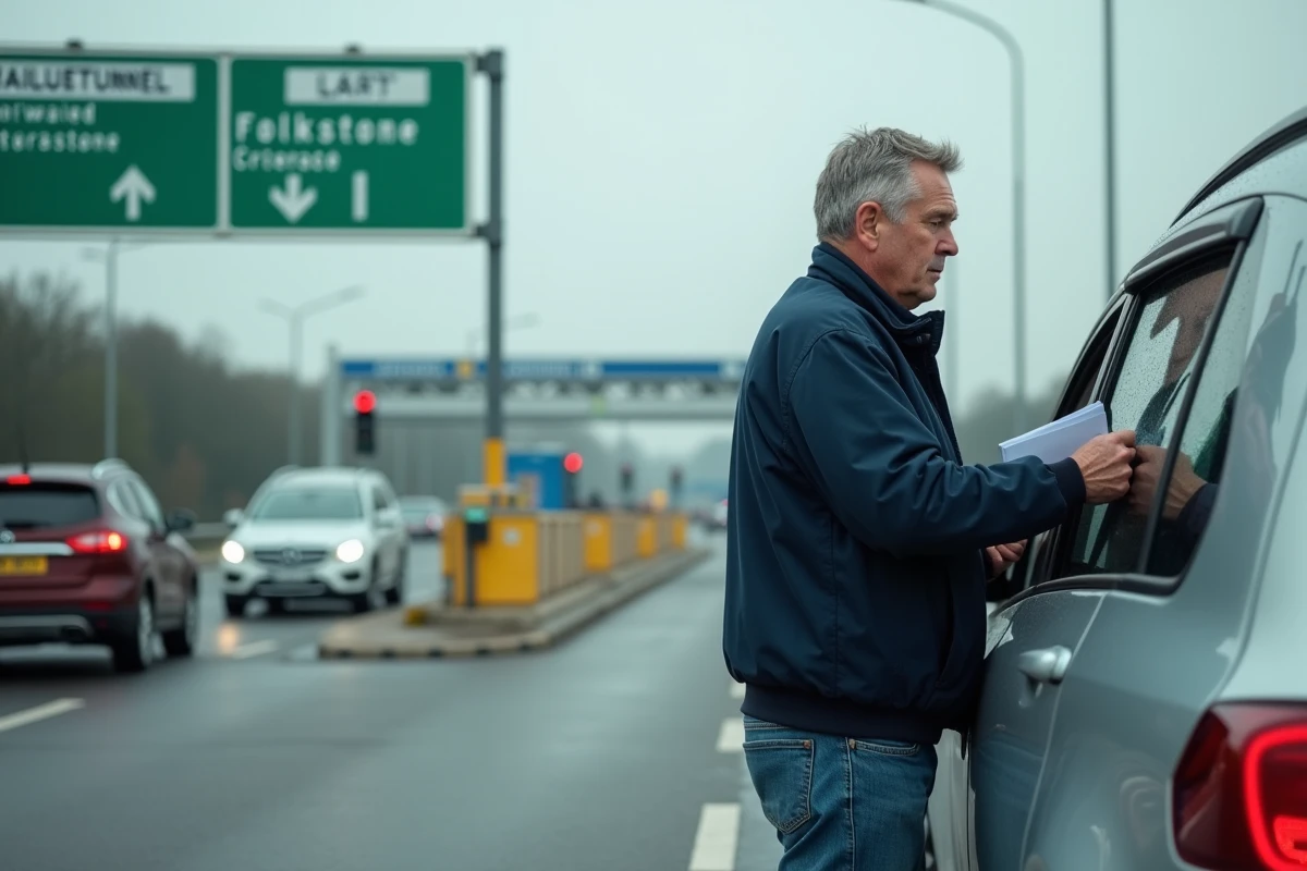 Conducteur remettant ses documents à l'agent au terminal Eurotunnel de Coquelles avant d'embarquer sous la Manche