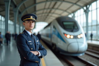 Jeune conducteur de train en uniforme devant un train moderne