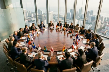 Délégués diplomatiques réunis autour d'une table de conférence internationale représentant les organisations asiatiques ASEAN, APEC et OCS