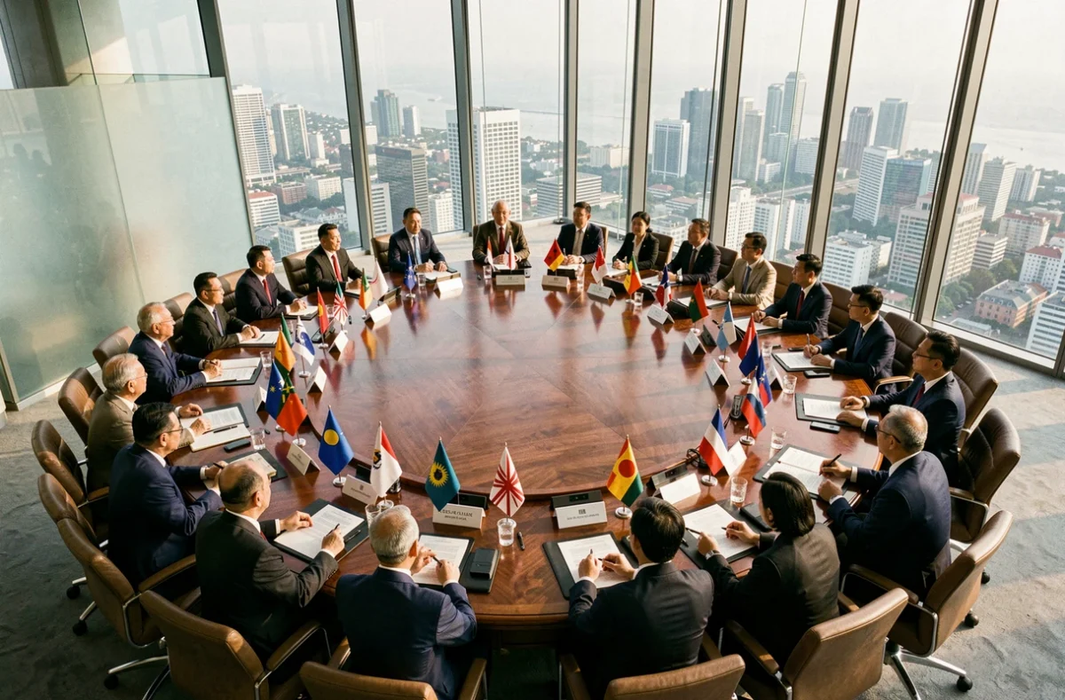 Délégués diplomatiques réunis autour d'une table de conférence internationale représentant les organisations asiatiques ASEAN, APEC et OCS