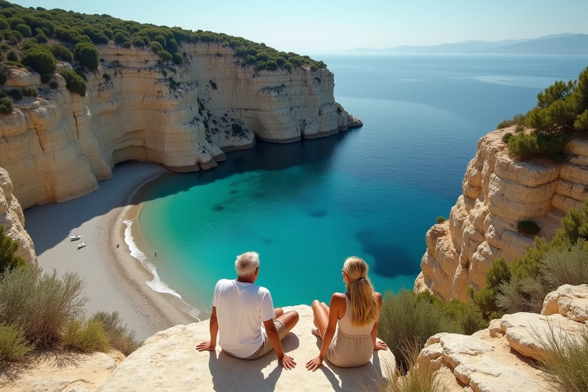 Couple assis sur des rochers face à une crique isolée de la côte ouest de la Crète près de Chania, avec des falaises calcaires et une eau turquoise