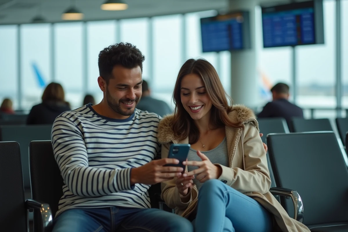 Couple à l'aéroport comparant les prix de vols sur smartphone avec un calendrier tarifaire Google Flights en haute saison