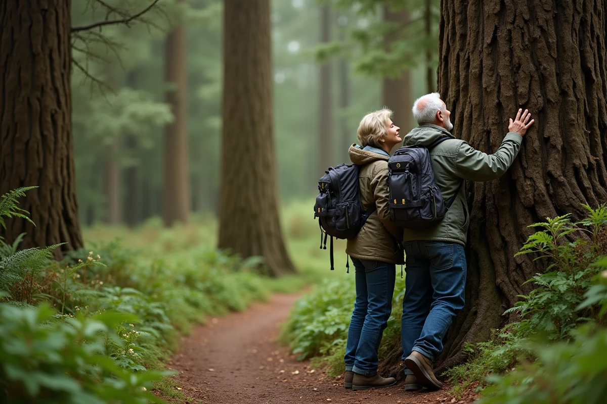 Couple admirant un arbre ancien en forêt