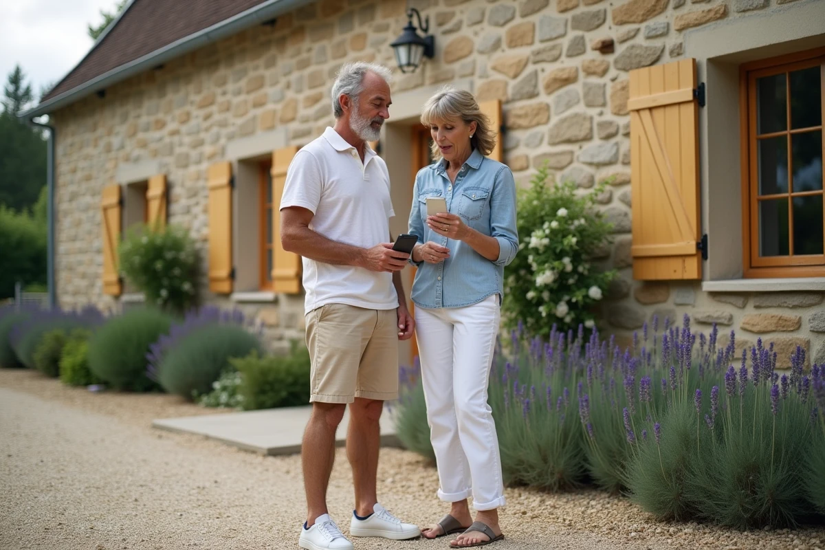 Couple comparant les photos d'annonce Locasun avec la maison de vacances réelle à leur arrivée