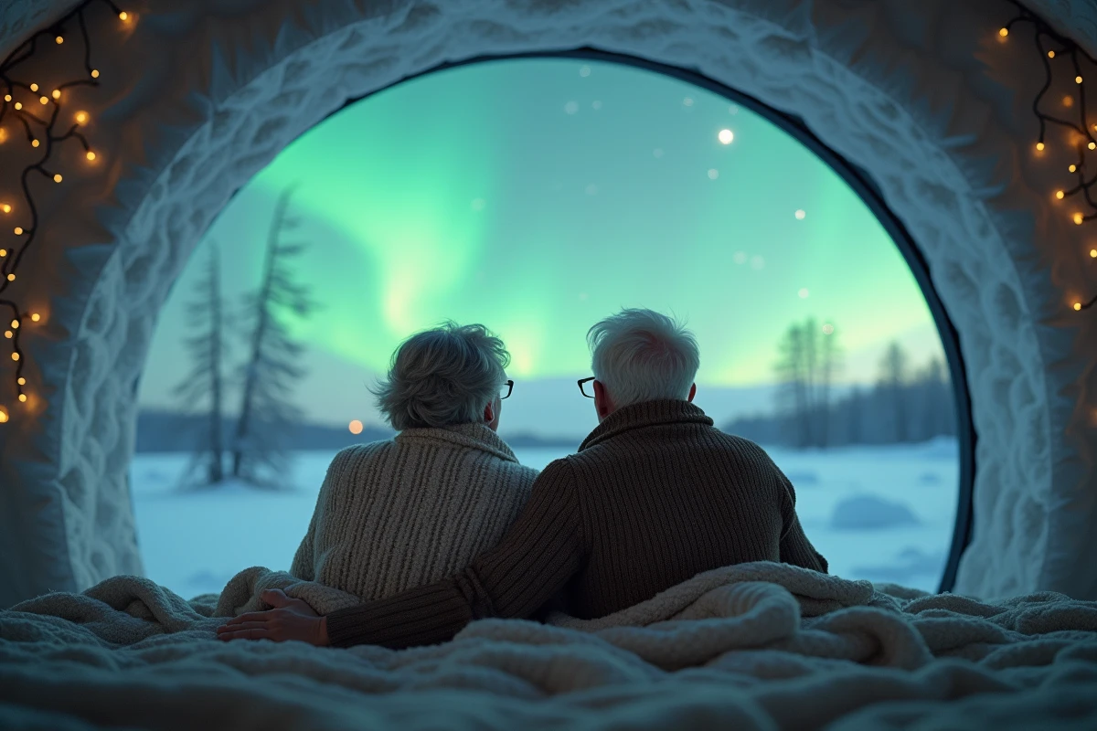 Couple âgée regardant les aurores dans une suite glacée
