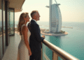 Couple élégant sur le balcon du Burj Al Arab regardant Dubaï