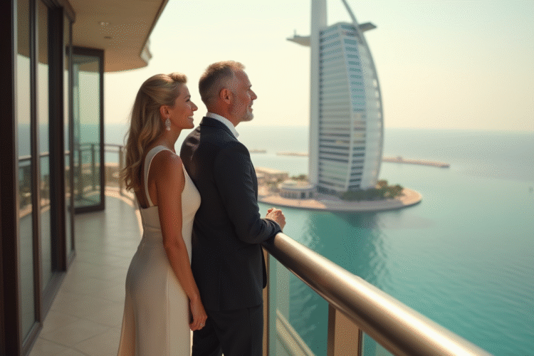 Couple élégant sur le balcon du Burj Al Arab regardant Dubaï