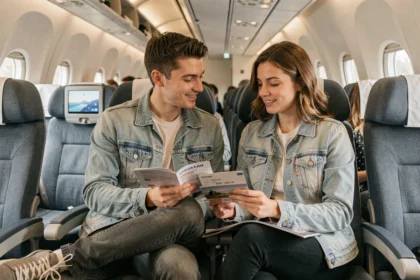 Couple de voyageurs en classe économique à bord d'un avion long-courrier Frenchbee, tenant un billet d'avion et un magazine de voyage