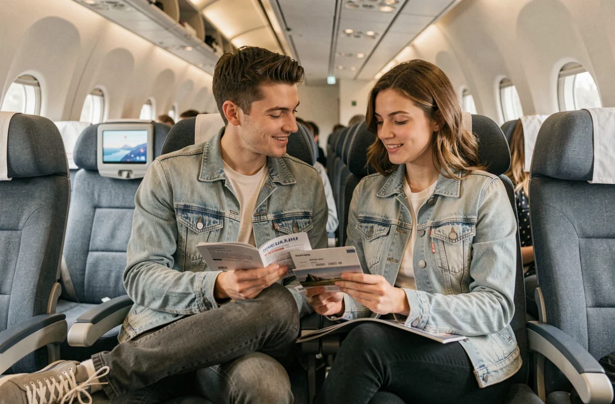 Couple de voyageurs en classe économique à bord d'un avion long-courrier Frenchbee, tenant un billet d'avion et un magazine de voyage
