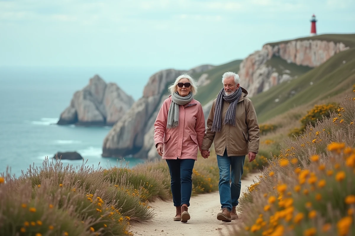 Couple âgé marchant main dans la main sur sentier côtier rocheux