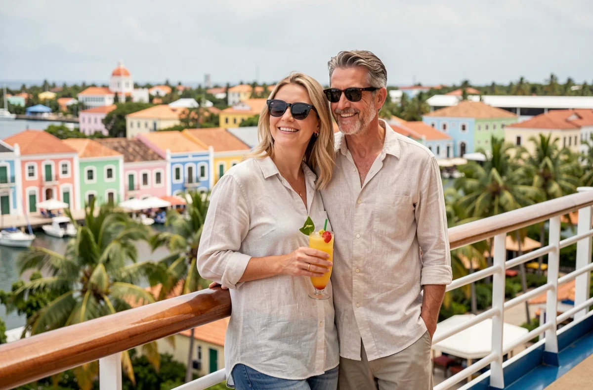 Couple profitant d'une croisière tout inclus dans les Caraïbes avec vue sur un port colonial depuis le pont du navire