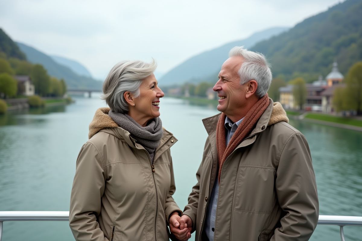 Couple souriant sur un bateau Danube en printemps