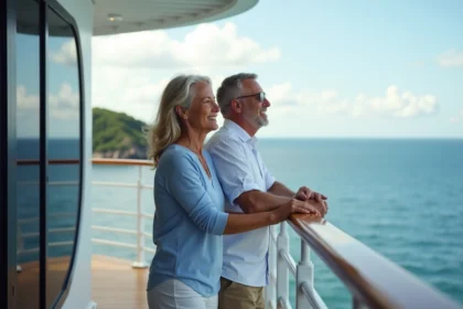 Couple souriant sur le pont d'un bateau de croisière