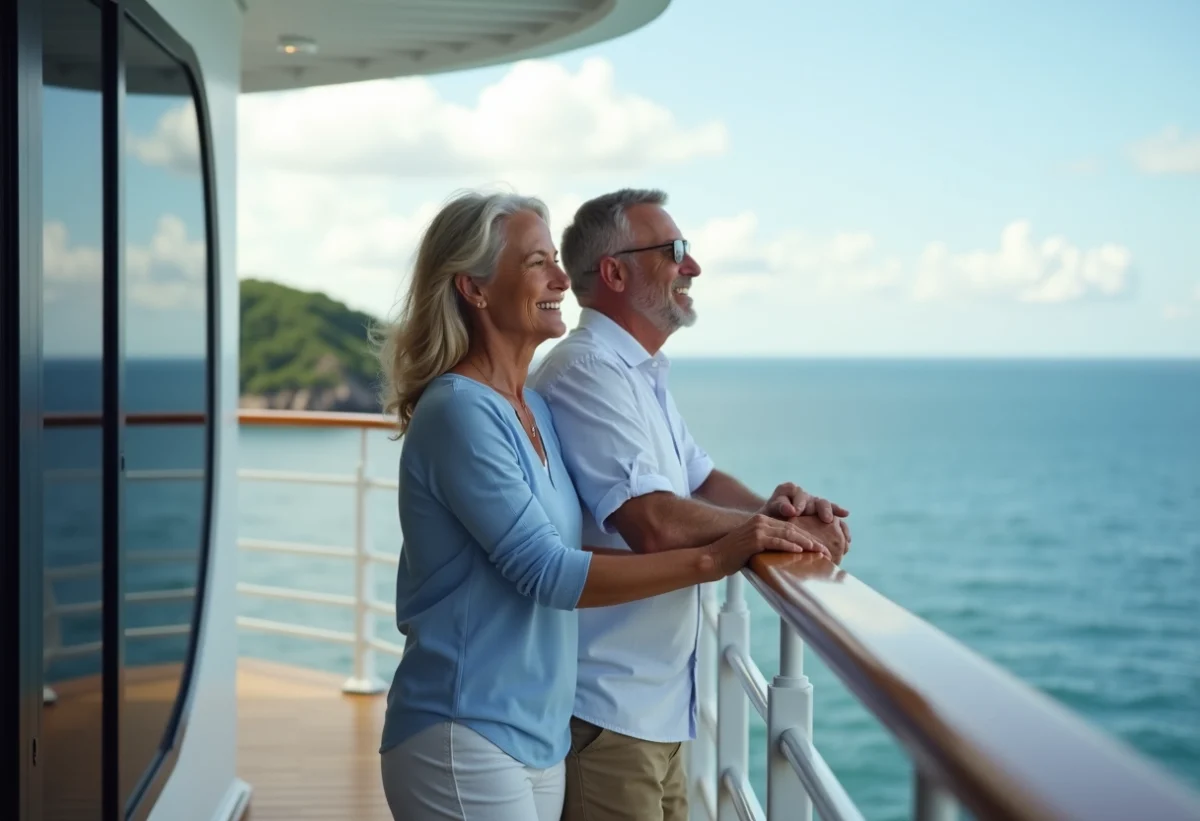 Couple souriant sur le pont d'un bateau de croisière