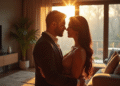 Couple glamour partageant un regard intense dans un salon moderne