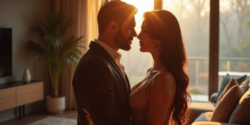 Couple glamour partageant un regard intense dans un salon moderne