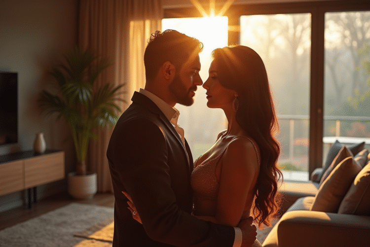 Couple glamour partageant un regard intense dans un salon moderne