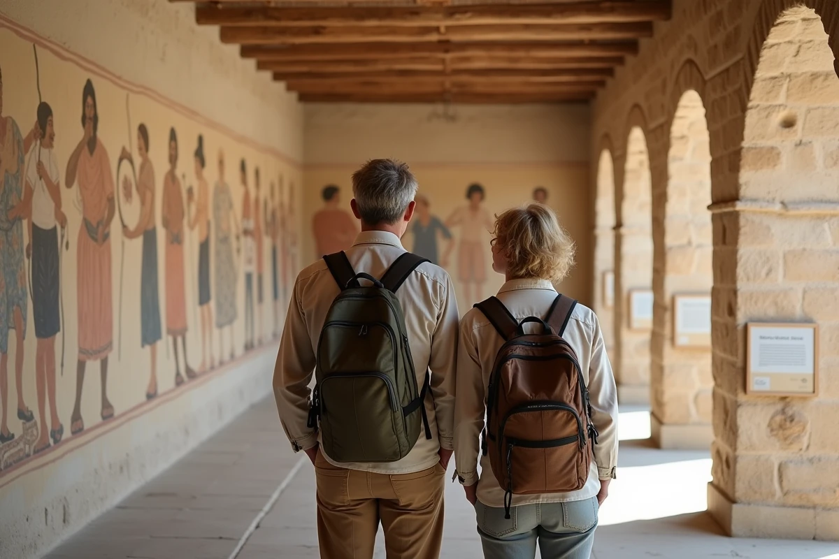 Couple regardant des fresques antiques à Akrotiri