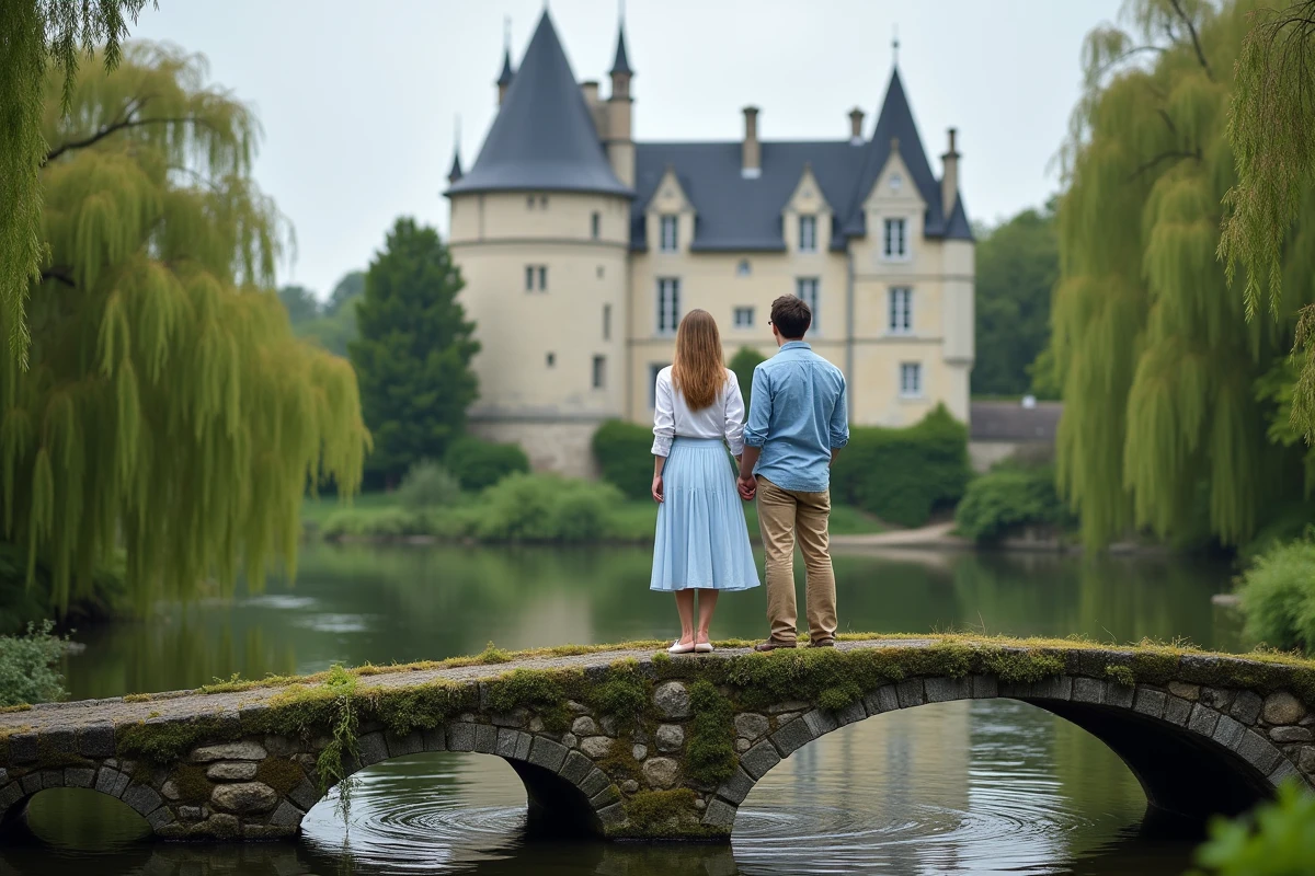 Couple en lune de miel sur un pont de pierre avec un château Renaissance de la Loire en arrière-plan