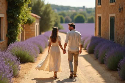 Couple en lune de miel se promenant dans un village provençal avec des champs de lavande en arrière-plan