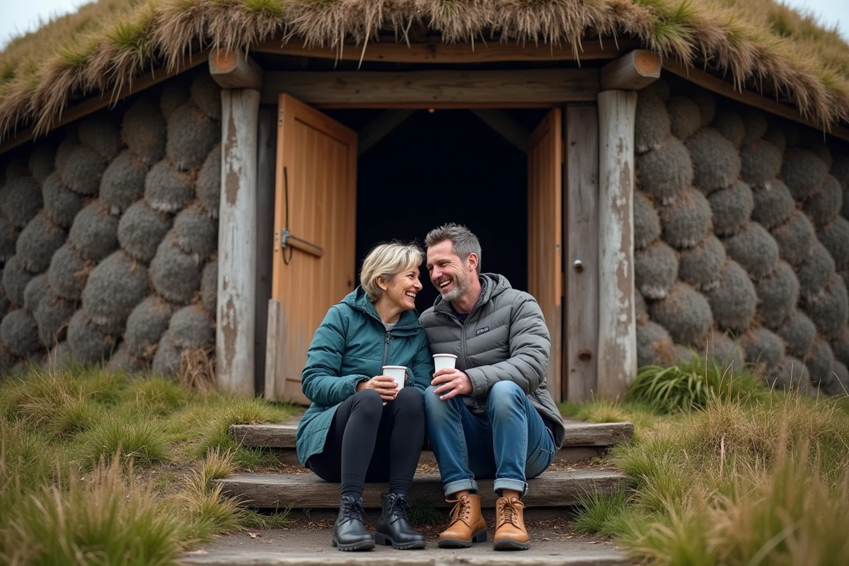Couple de voyageurs devant une maison en tourbe traditionnelle islandaise dans la région de Dalir, ambiance authentique sans foule