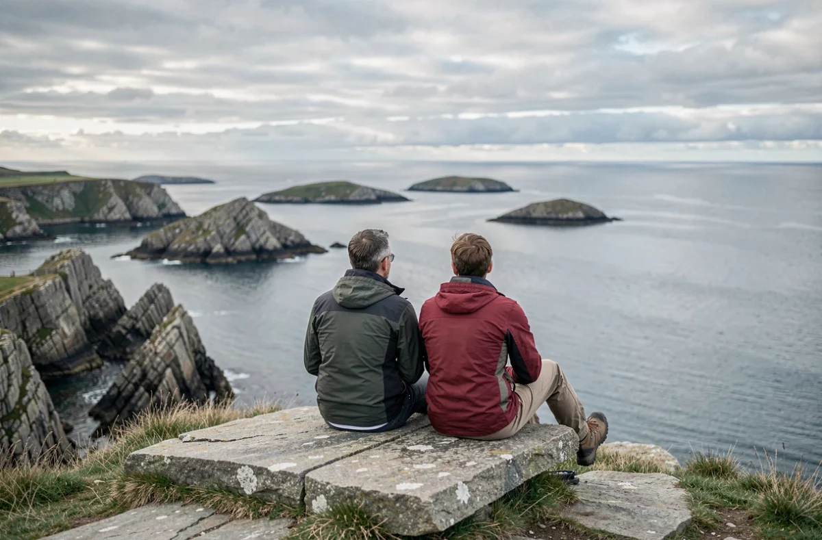 Couple profitant du panorama depuis un point de vue sur la pointe de Kadoran avec vue sur la baie bretonne