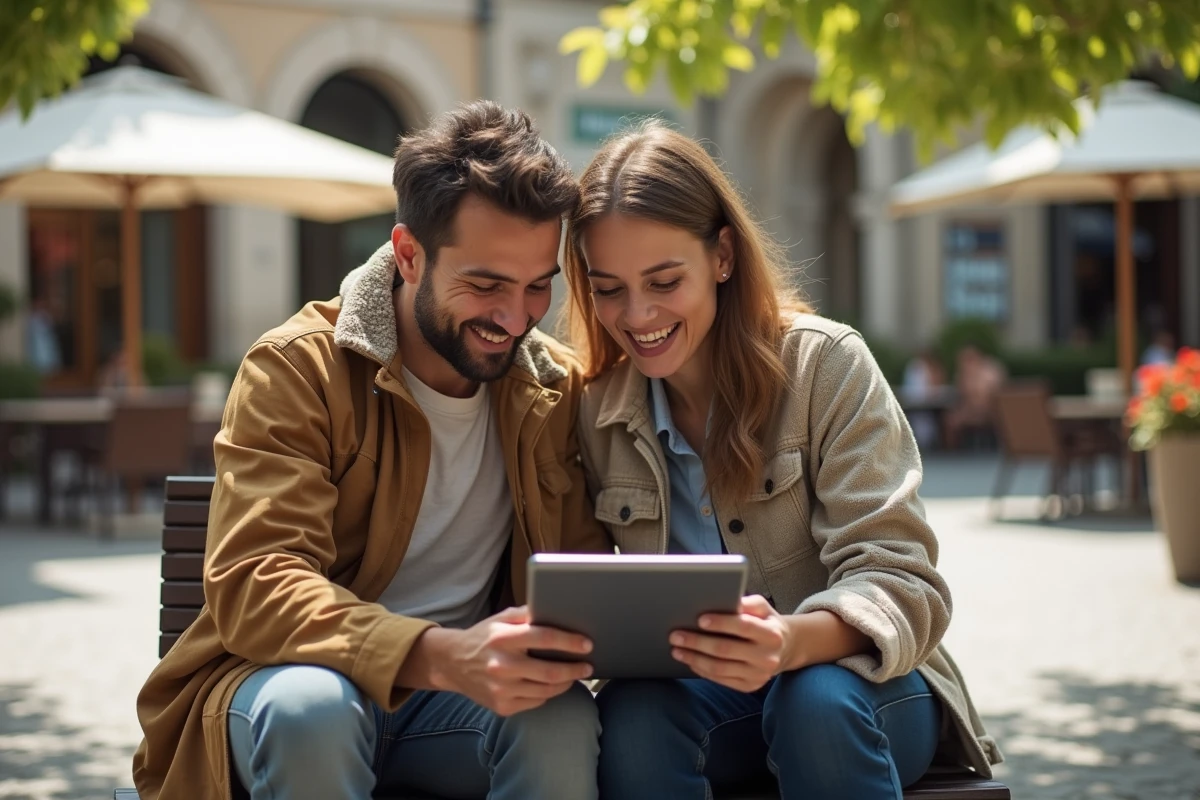 Couple planifiant leur voyage à l'étranger en consultant les conditions de visa et d'assurance santé sur une tablette en plein air
