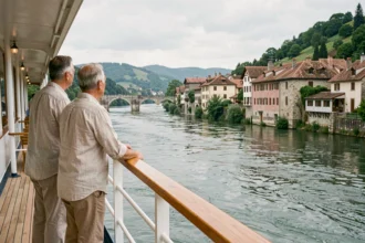 Couple sur le pont d'un bateau de croisière fluviale admirant un village médiéval européen au bord de l'eau