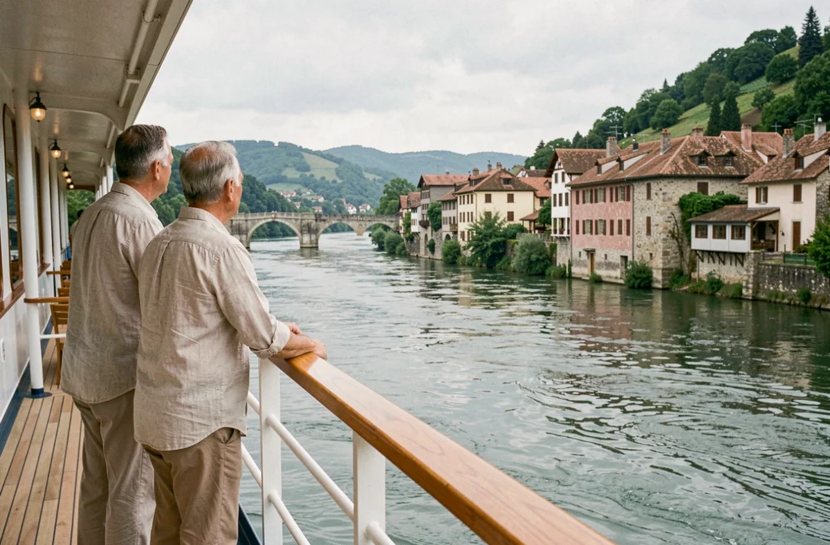 Couple sur le pont d'un bateau de croisière fluviale admirant un village médiéval européen au bord de l'eau