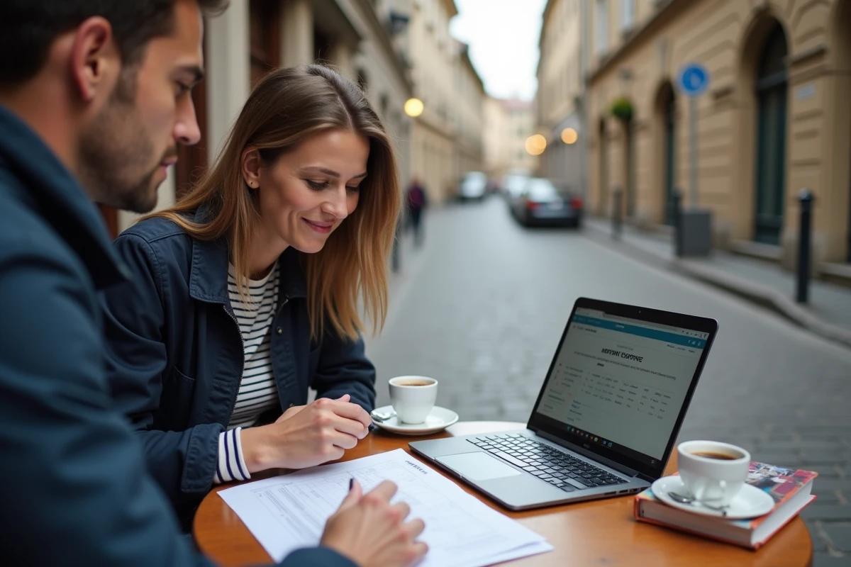 Un couple prépare son itinéraire de road trip à l'étranger depuis un café, avec un ordinateur portable et des documents de voyage sur la table
