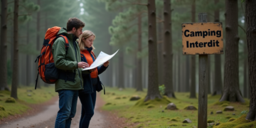 Jeune couple en randonnée près d'un panneau interdit de camping