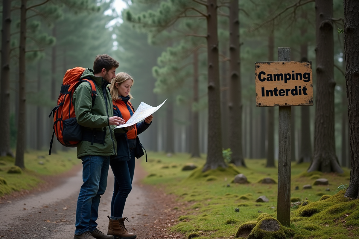 Jeune couple en randonnée près d'un panneau interdit de camping
