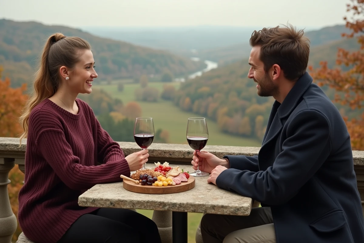 Couple romantique dégustant du vin sur une terrasse en pierre surplombant les vignobles de la Dordogne