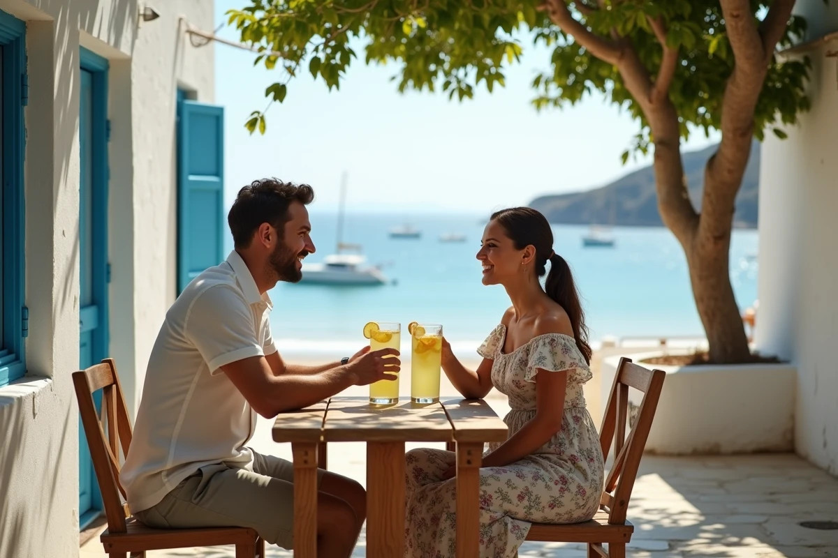 Couple partageant une limonade sur une terrasse en bord de mer en Grèce pendant des vacances soleil reposantes