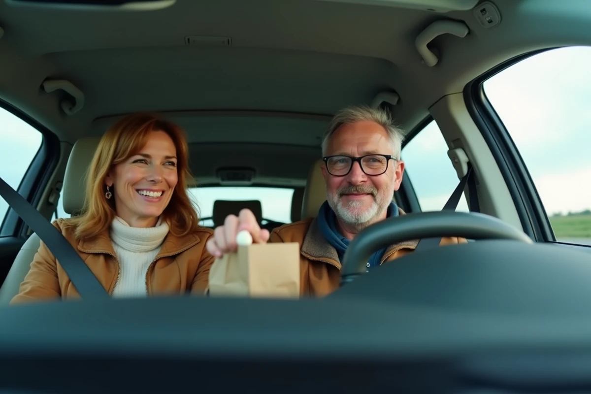 Couple détendu dans leur voiture à bord du train Eurotunnel pendant la traversée sous la Manche