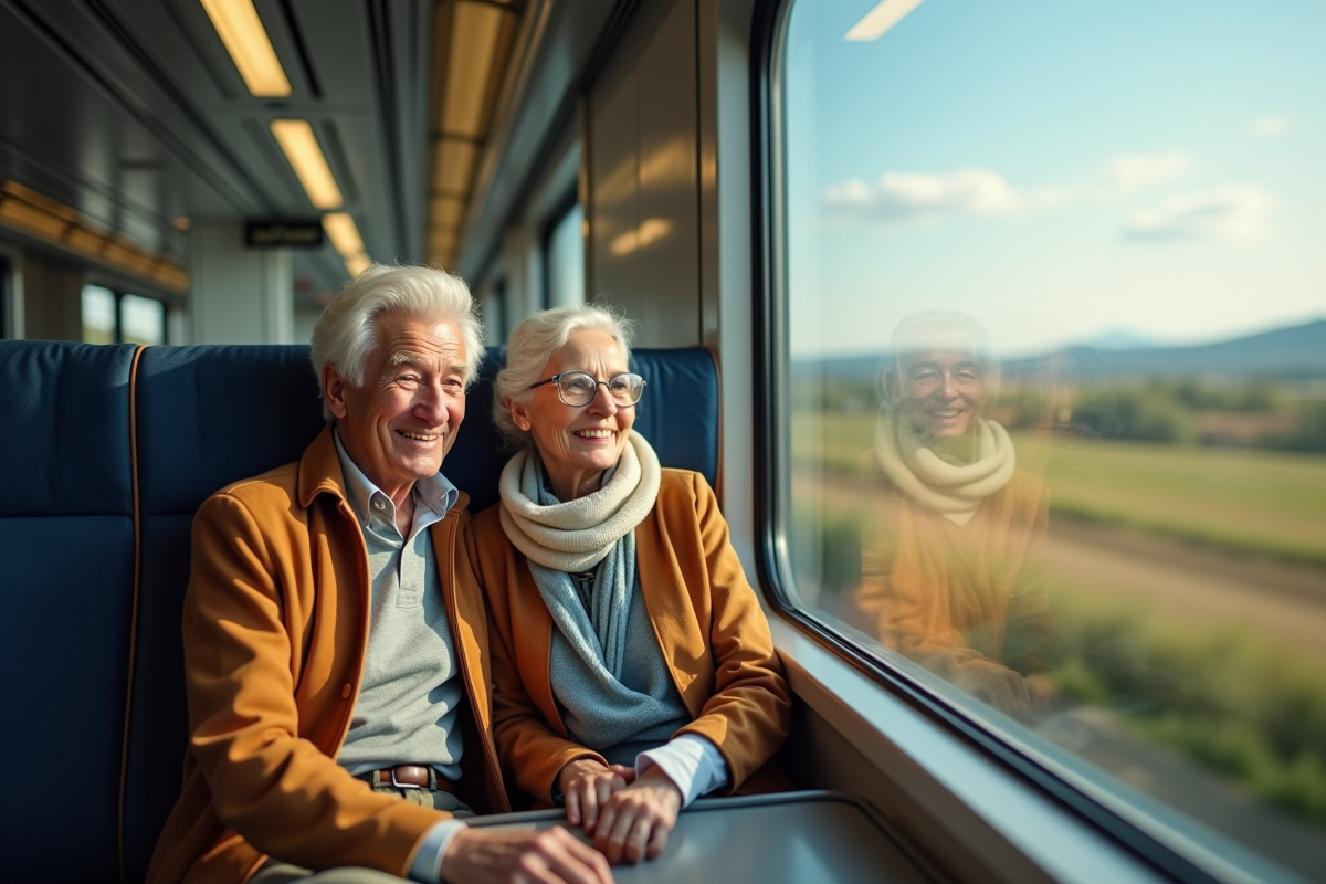 Couple agee souriant dans un train en voyage