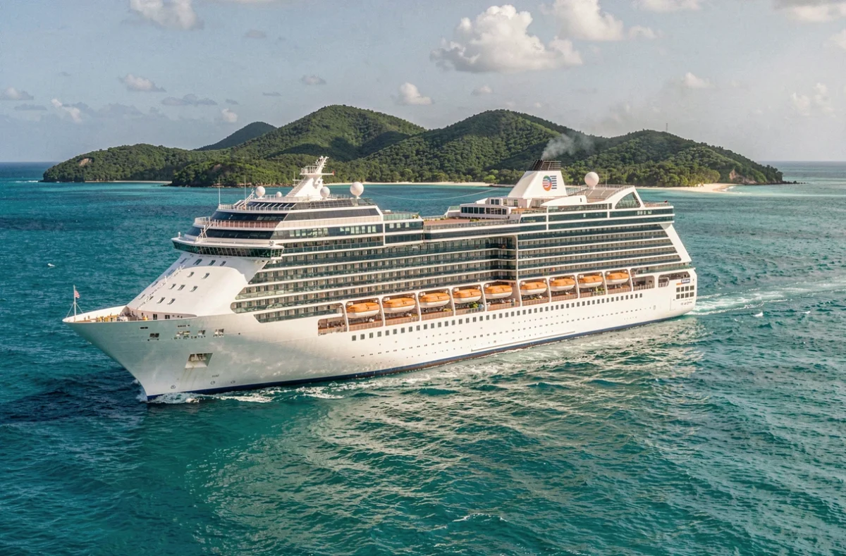 Grand bateau de croisière tout inclus naviguant dans les eaux turquoise des Caraïbes avec une île tropicale en arrière-plan