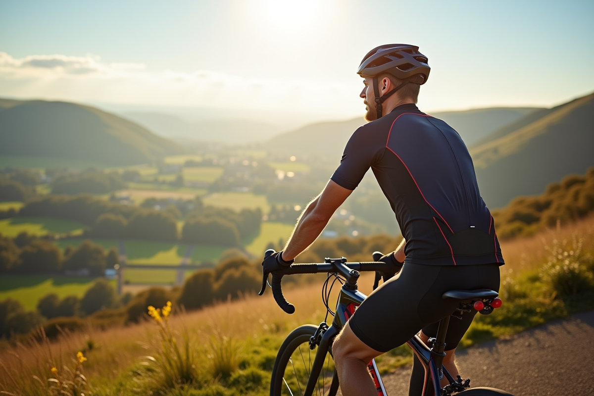 Cycliste local regardant la vallée de Cavendish
