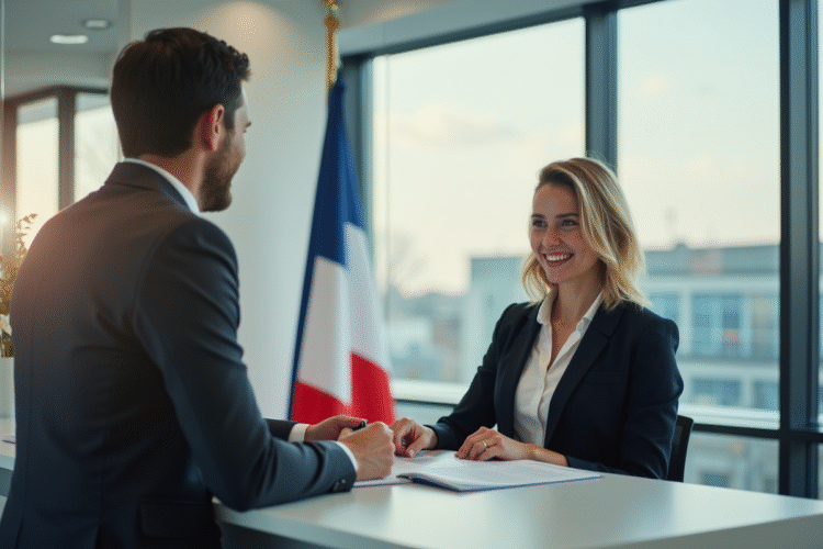 Jeune adulte remettant sa demande de passeport à un agent souriant