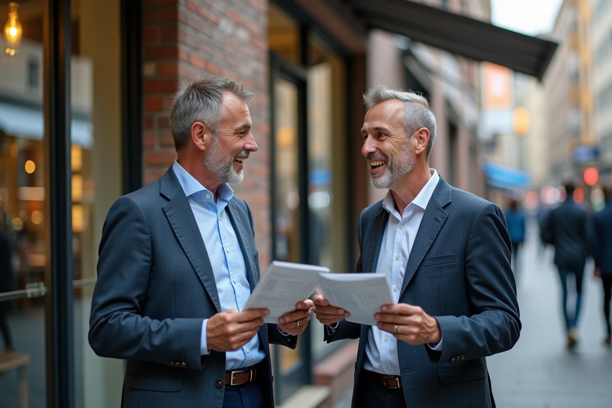 Deux hommes discutent devant une vitrine de voyage