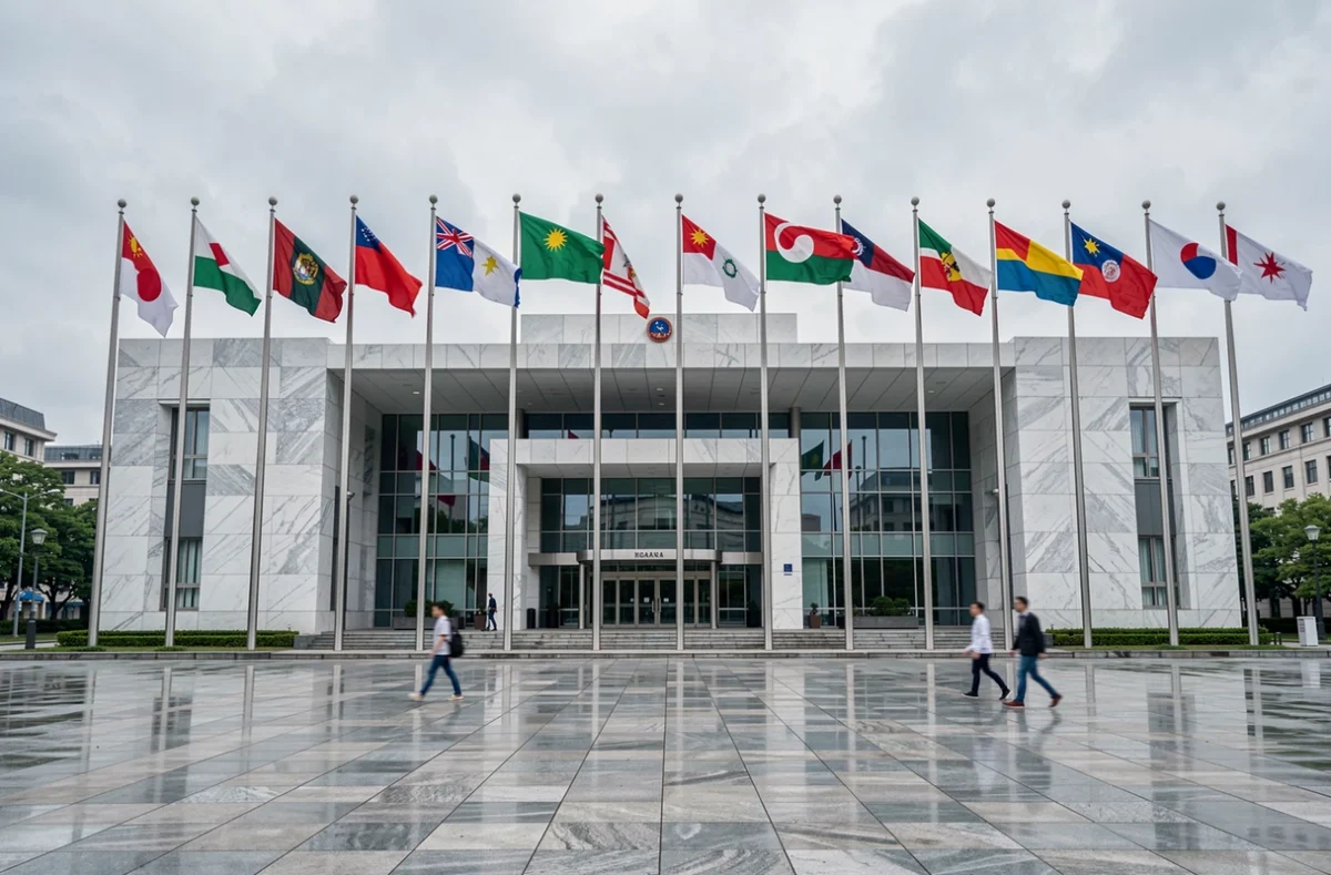 Rangée de drapeaux de nations asiatiques devant un bâtiment gouvernemental symbolisant les pays membres de l'ASEAN l'APEC et l'OCS