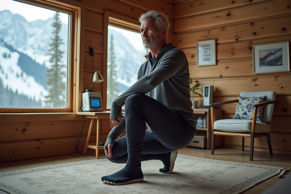 Homme faisant des exercices d etirement dans un lodge montagnard