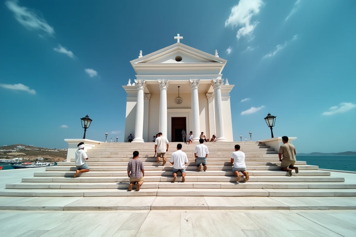 Pèlerins gravissant les marches de marbre de l'église Panagia Evangelistria à Tinos lors d'un pèlerinage traditionnel grec