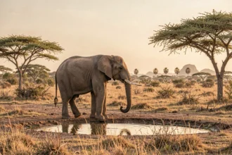 Éléphant solitaire au point d'eau du parc national de Yala au lever du soleil, Sri Lanka
