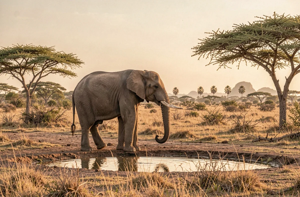 Éléphant solitaire au point d'eau du parc national de Yala au lever du soleil, Sri Lanka