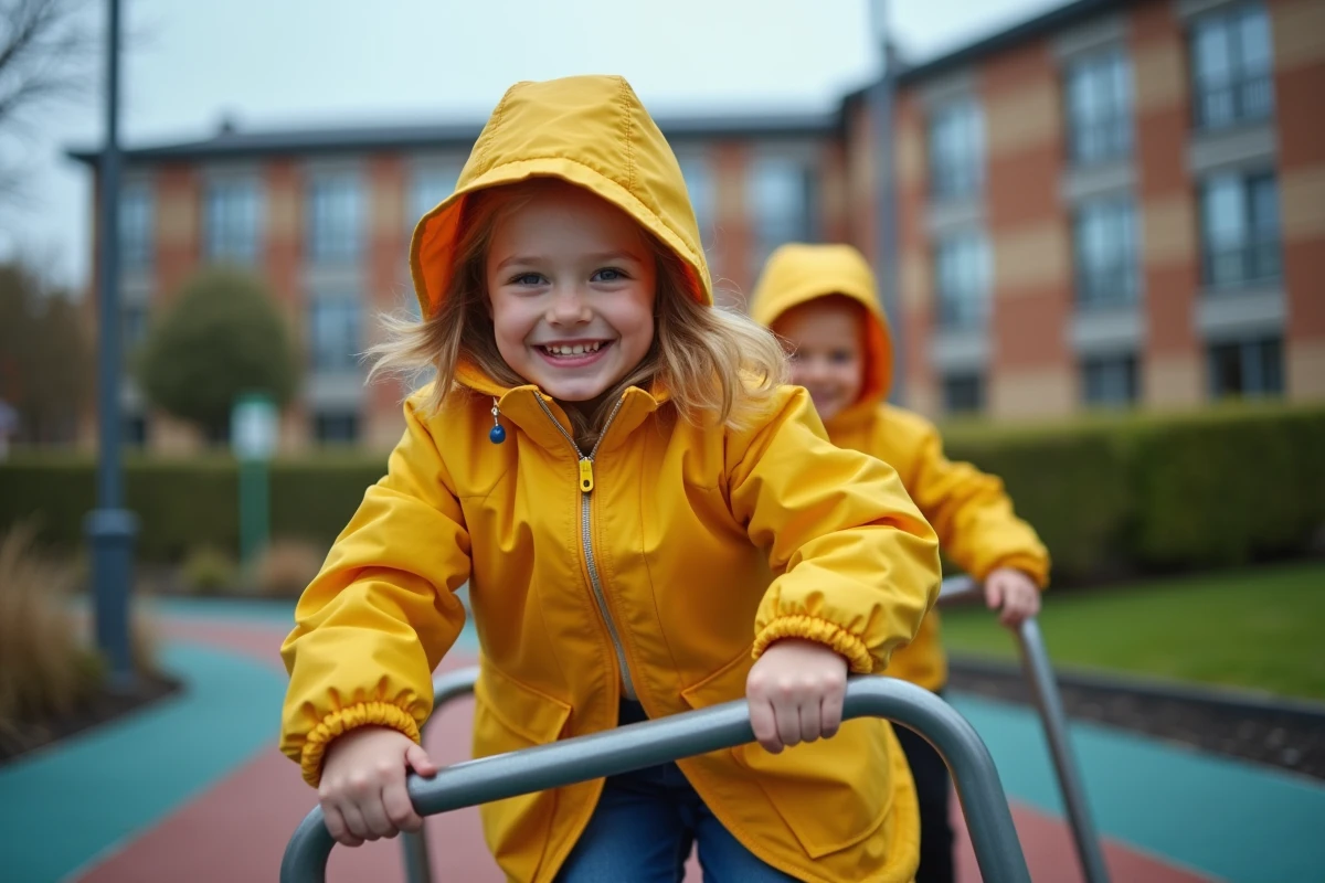 Fille en veste de pluie joue sur une structure de jeux