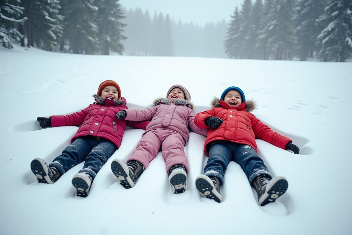 Trois enfants faisant des anges dans la neige