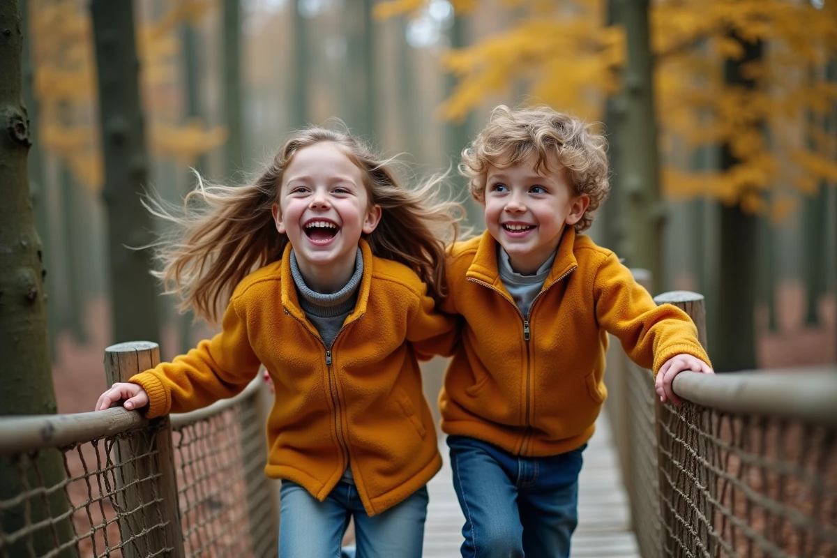 Enfants qui jouent sur une structure en bois dans un parc de loisirs en Normandie en automne