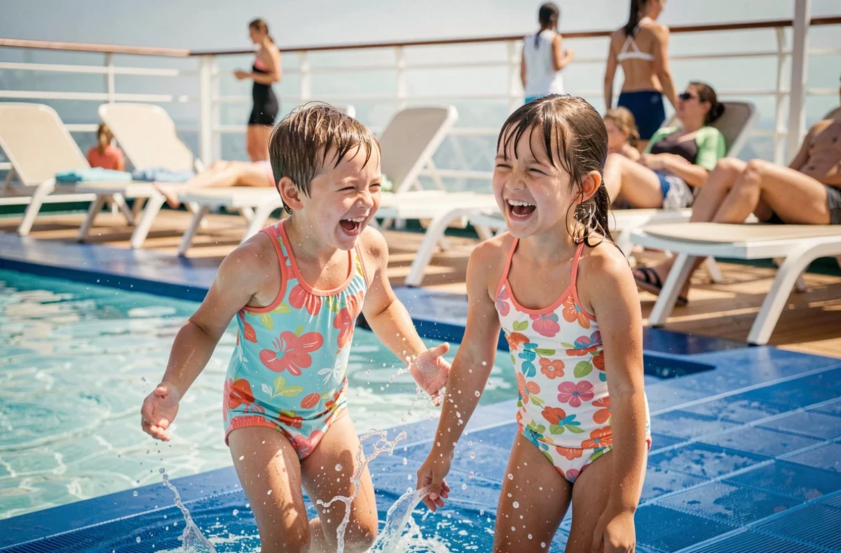 Enfants jouant dans l'espace aquatique d'une croisière en famille sur un paquebot moderne