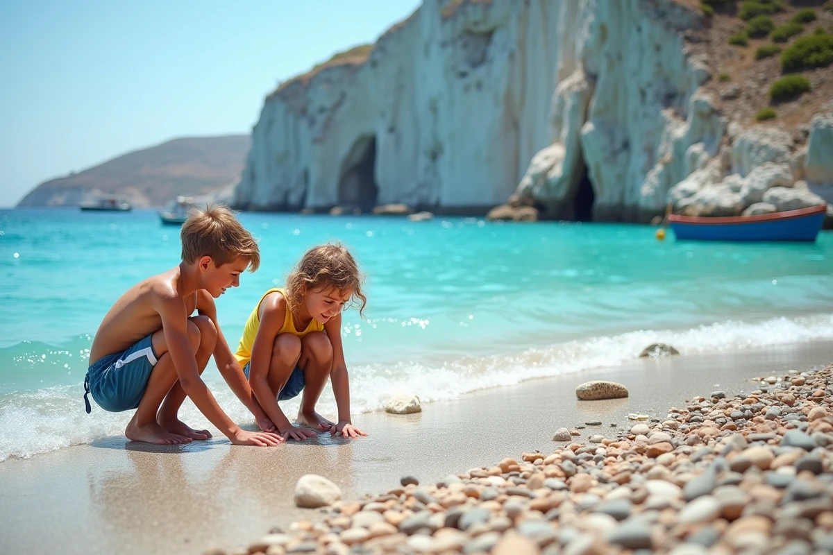 Deux adolescents jouant au bord d'une plage de galets isolée aux eaux turquoise de Folégandros